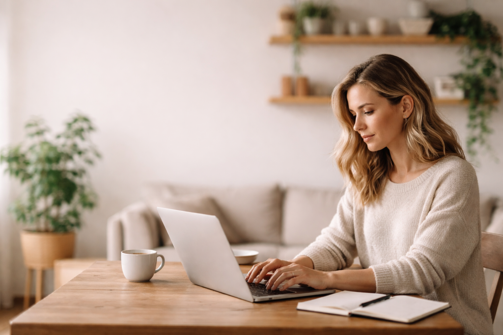 Standard blogheader, der fungerer på tværs af emner: kvinde med laptop og notesbog i en hyggelig hverdagssituation (fx ved spisebord eller café), med masser af negativ plads til overskrifter ovenpå.