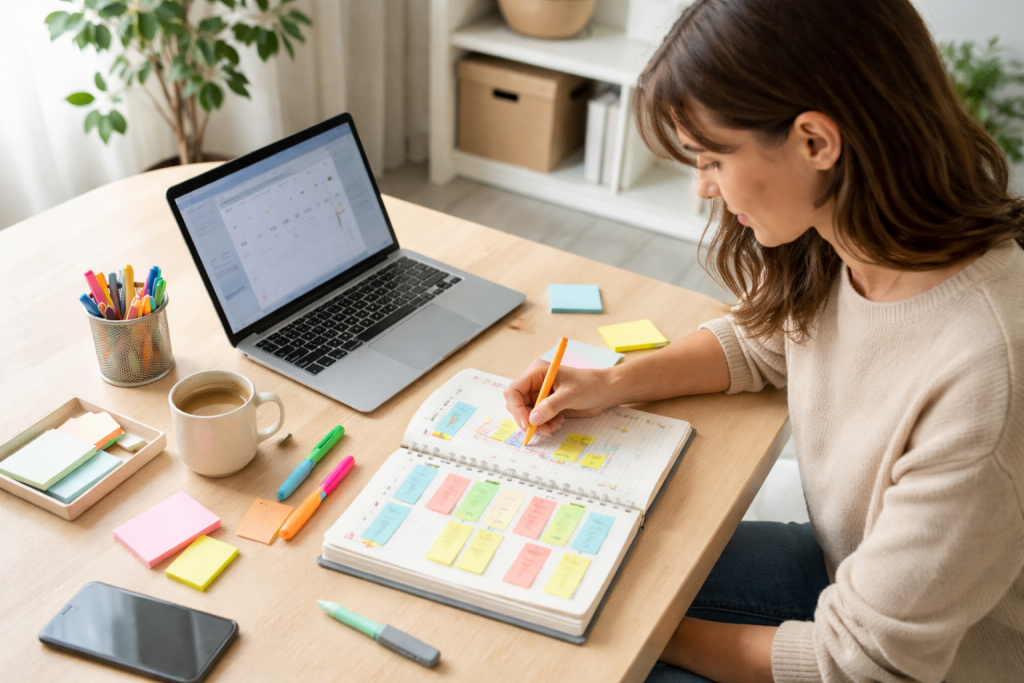 Illustration til ‘Guides & karriere’-sektion, hvor en kvinde arbejder struktureret med karriereplanlægning: laptop, to-do-liste, kalender og markeringer, der signalerer struktur og handlingsplan.